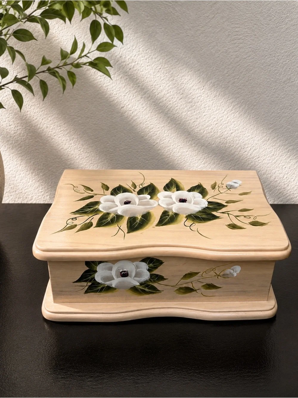 Vintage 90s Hand Painted Wood Jewelry Box Floral Cottagecore Shabby Chic Velvet